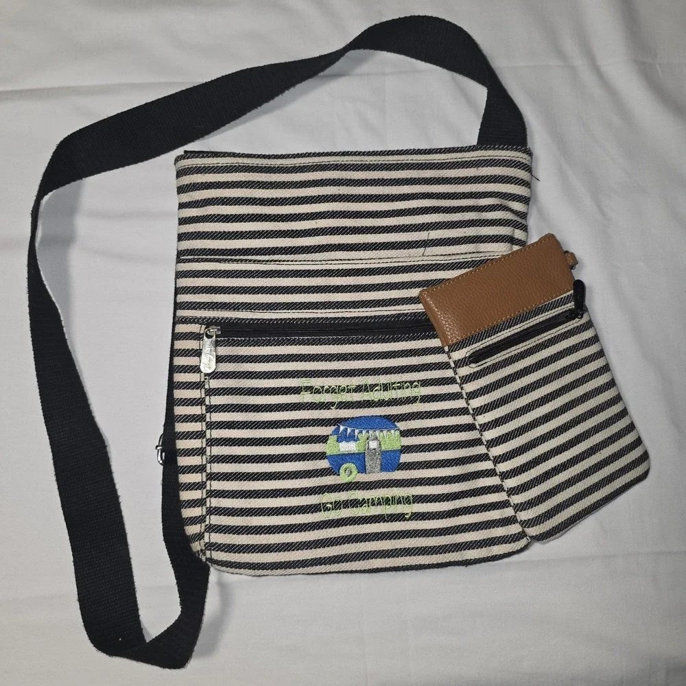 Thirty-One black & cream color crossbody bag purse Forget Adulting Go Camping